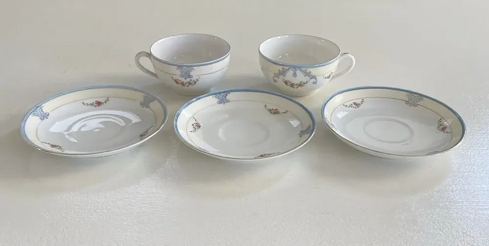 VTG Noritake Made in Japan Blue Pink Floral 2 Tea Cups 3 Saucers Hand Painted